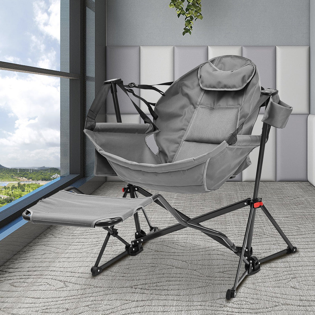 relax Hammock Camping Chair with Footrest, Foldable Portable Rocking Chairs for Adults Outside Swinging Camp for Outdoor Patio Poolside