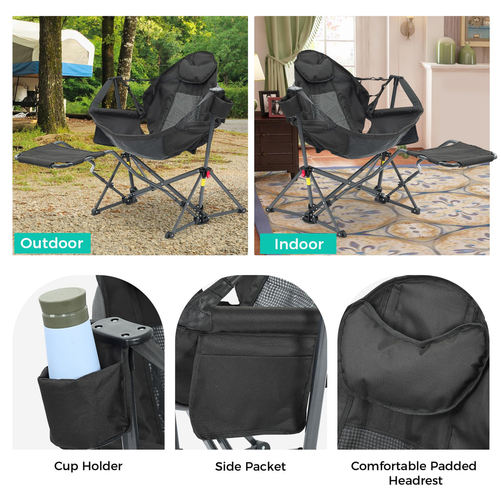 relax Hammock Camping Chair with Footrest, Foldable Portable Rocking Chairs for Adults Outside Swinging Camp for Outdoor Patio Poolside