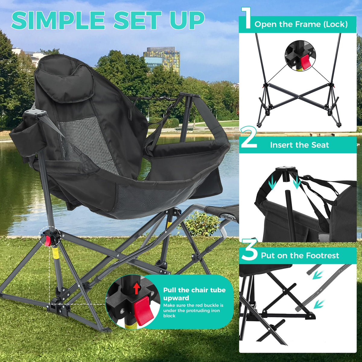 relax Hammock Camping Chair with Footrest, Foldable Portable Rocking Chairs for Adults Outside Swinging Camp for Outdoor Patio Poolside